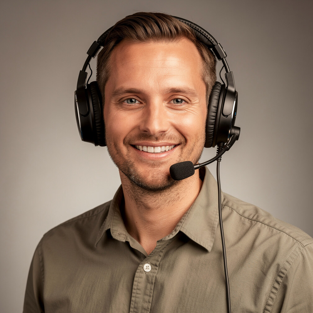 Studio portrait of a white British man in his 30s wearing a broadcast headset with a friendly smile