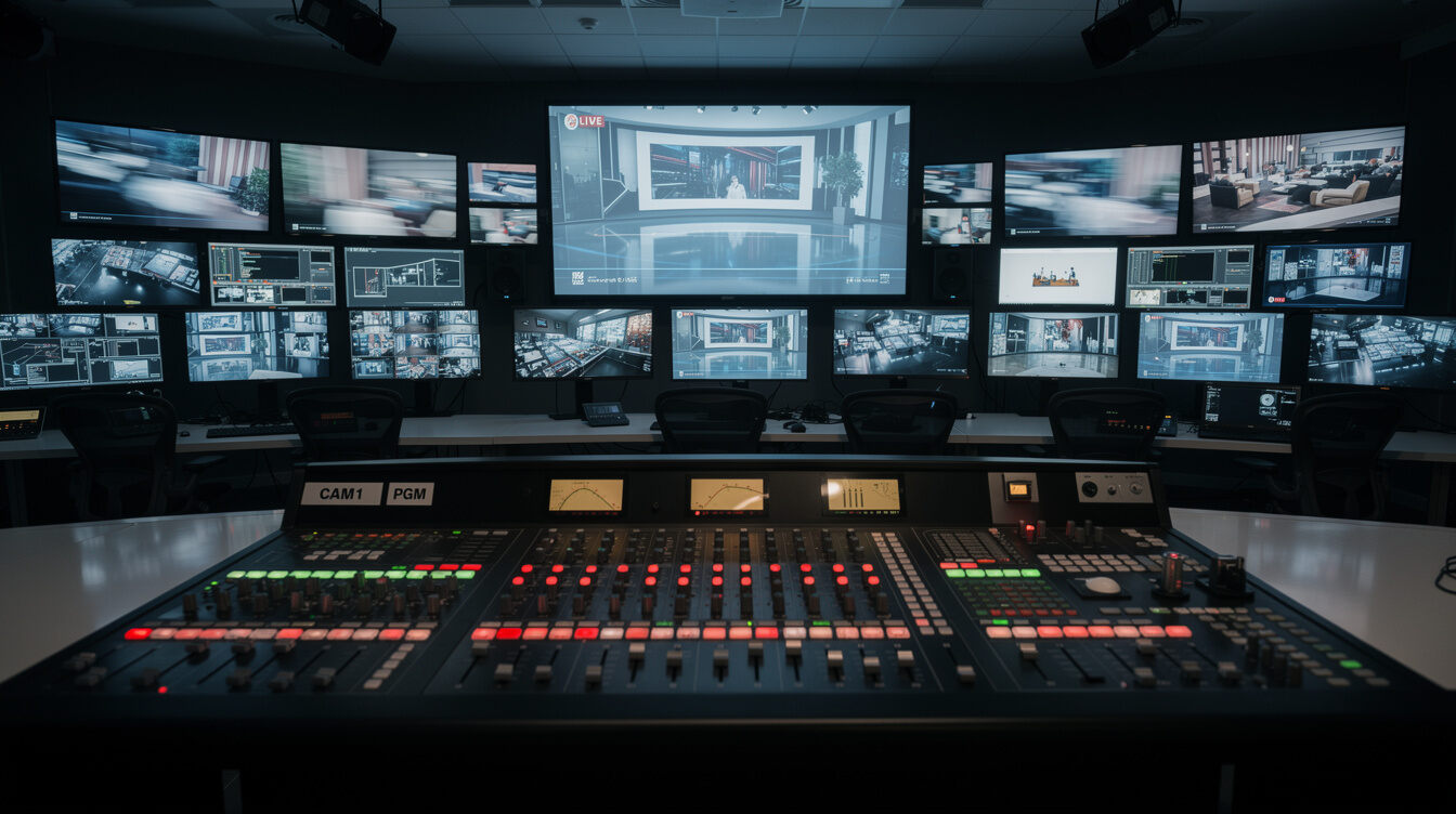 Broadcast control room with multiple monitors and a vision mixer glowing with tally lights