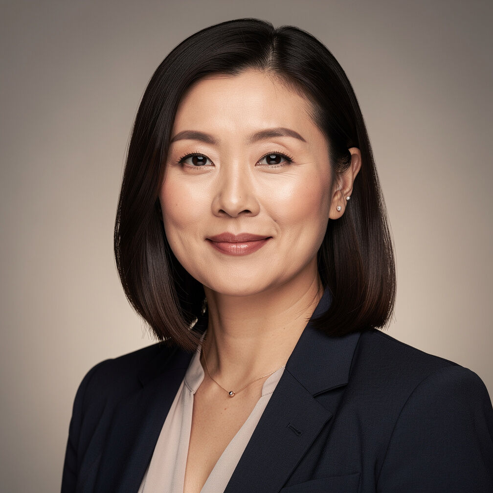 Studio portrait of an East Asian British woman in her 40s in professional attire