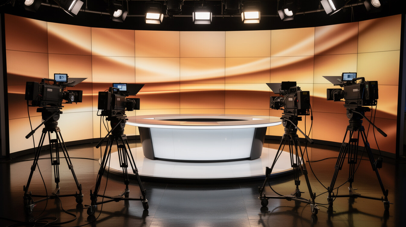 Empty television studio set with three broadcast cameras on pedestals