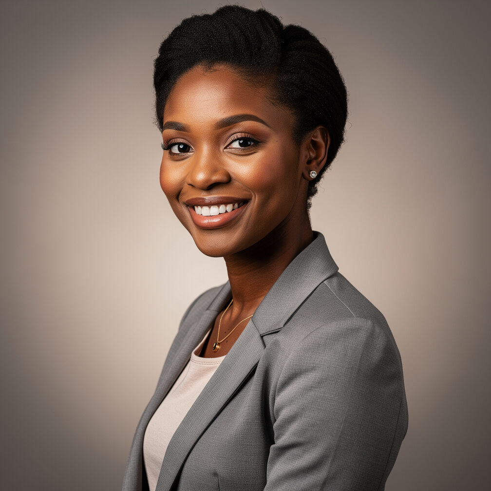 Studio portrait of a black British woman in her 30s wearing a casual blazer