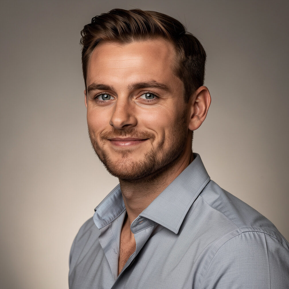 Studio portrait of a white British man in his late 20s wearing a casual smart shirt