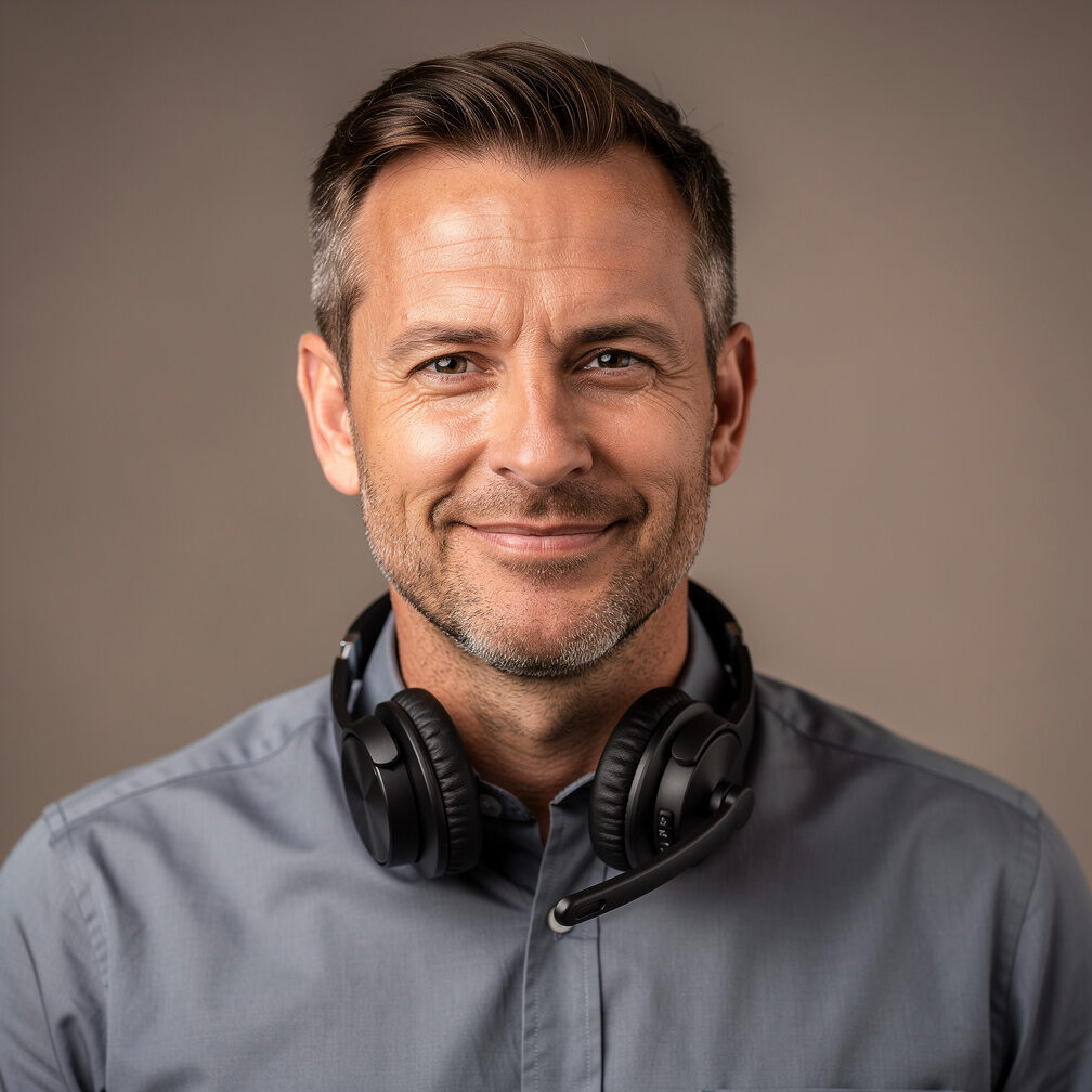 Studio portrait of a white British man in his 40s wearing a broadcast headset around his neck