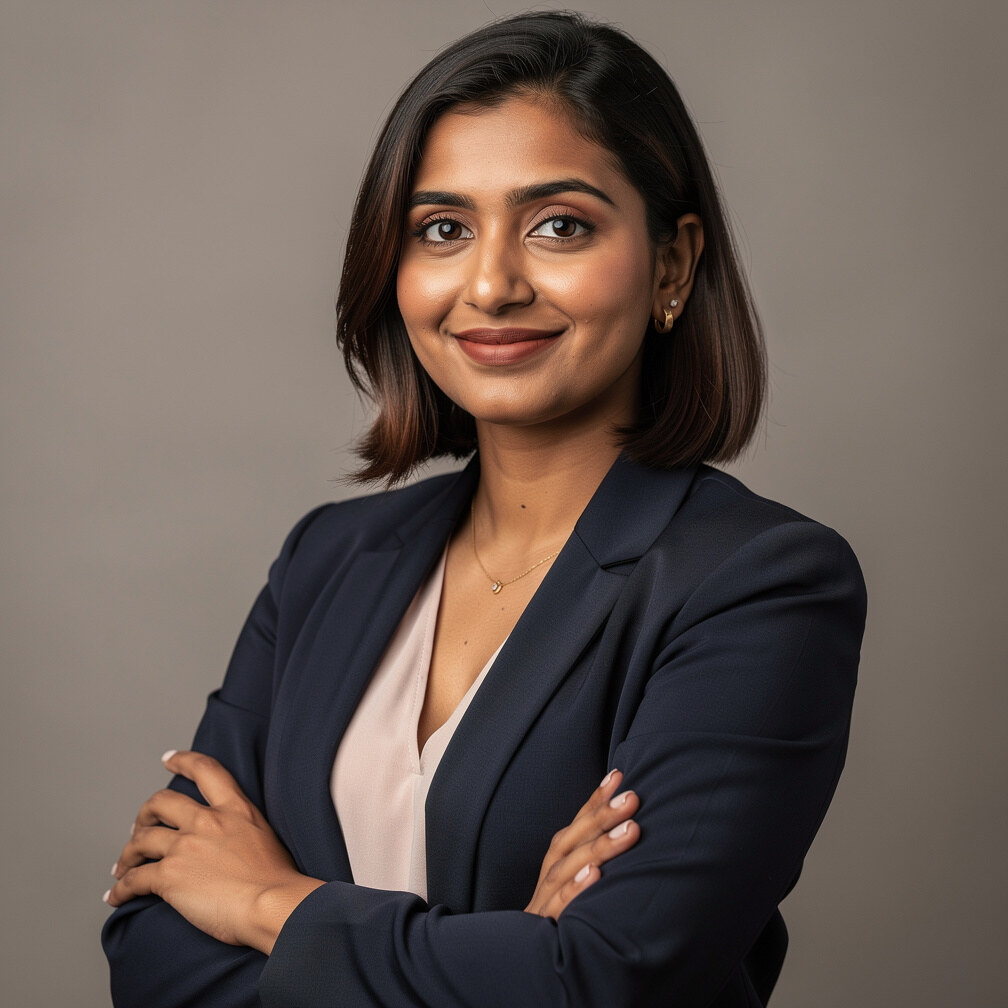 Studio portrait of a South Asian British woman in her 30s with arms crossed