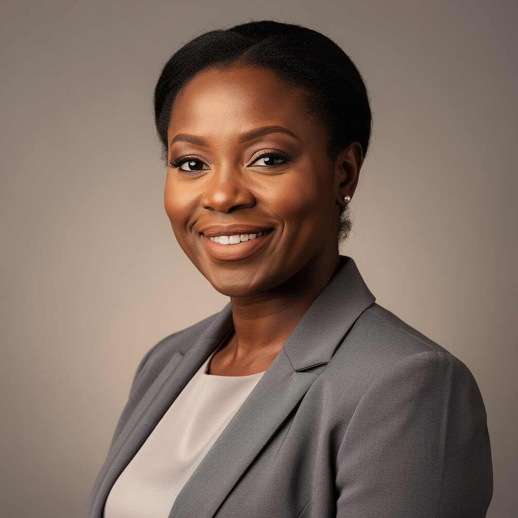 Studio portrait of a black British woman in her 40s smiling confidently