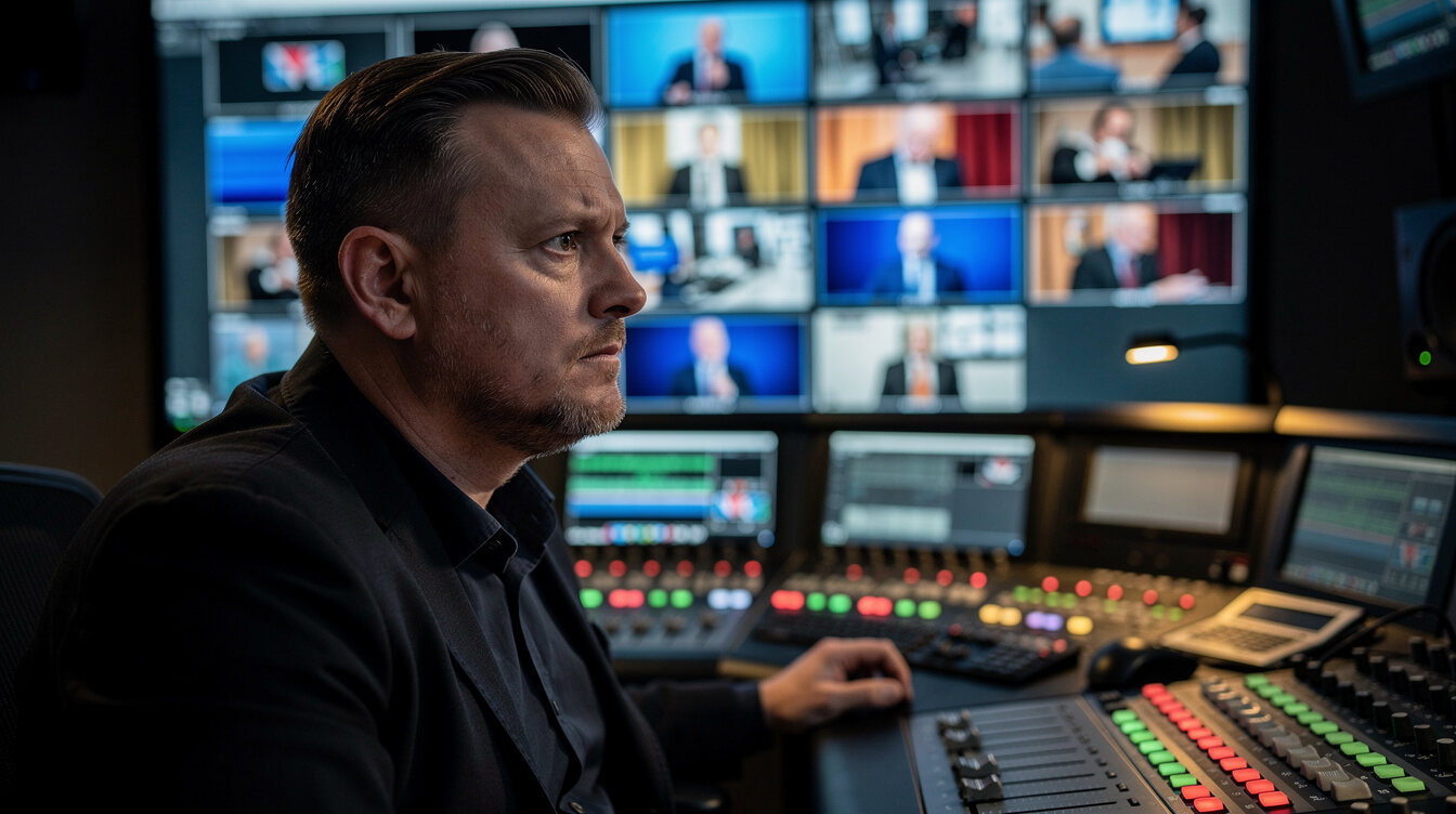 Technical director seated at a video wall showing multiple live camera feeds